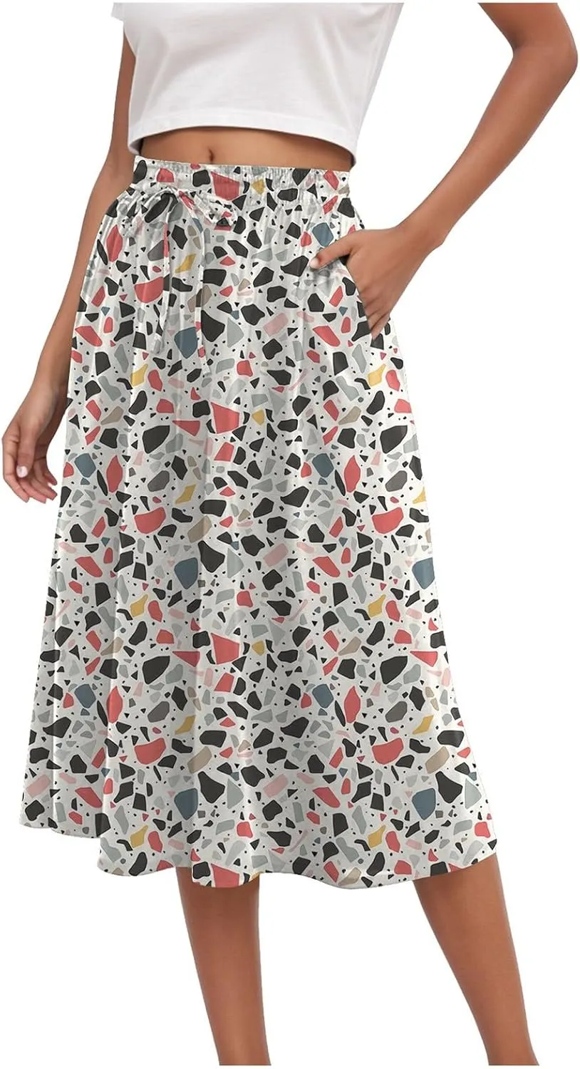 Women's High Elastic Waist Midi Skirt Casual Summer Trendy Tie Front Flowy Ruffle Floral Print A line Skirts