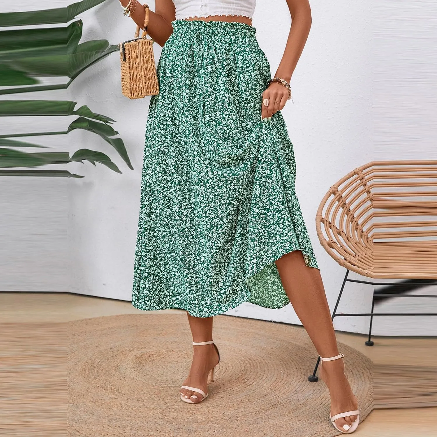 Women's High Elastic Waist Midi Skirt Casual Summer Trendy Tie Front Flowy Ruffle Floral Print A line Skirts