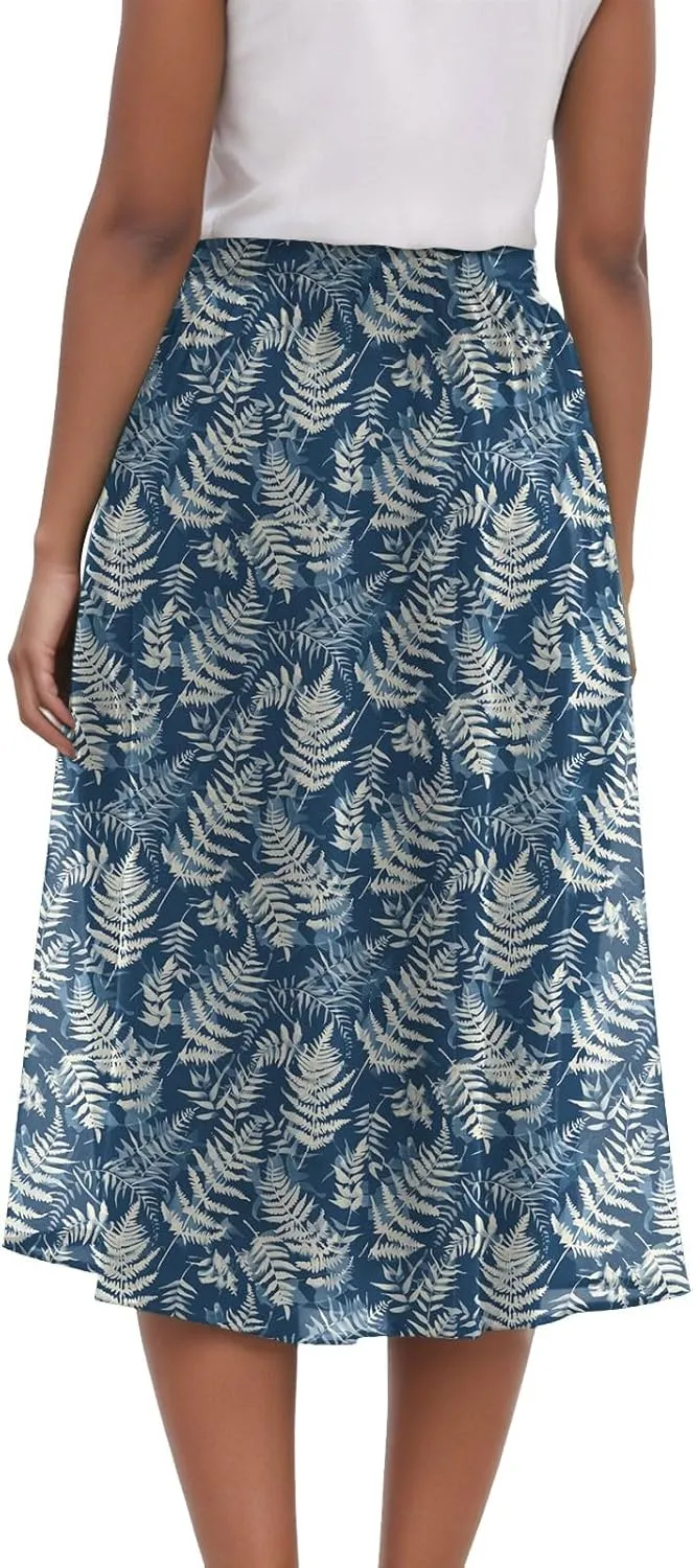 Women's High Elastic Waist Midi Skirt Casual Summer Trendy Tie Front Flowy Ruffle Floral Print A line Skirts