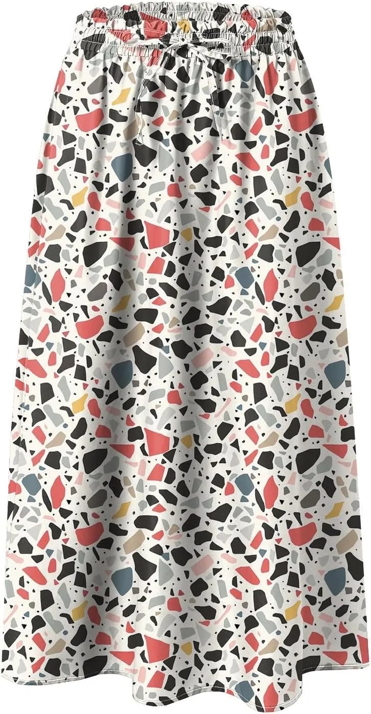 Women's High Elastic Waist Midi Skirt Casual Summer Trendy Tie Front Flowy Ruffle Floral Print A line Skirts