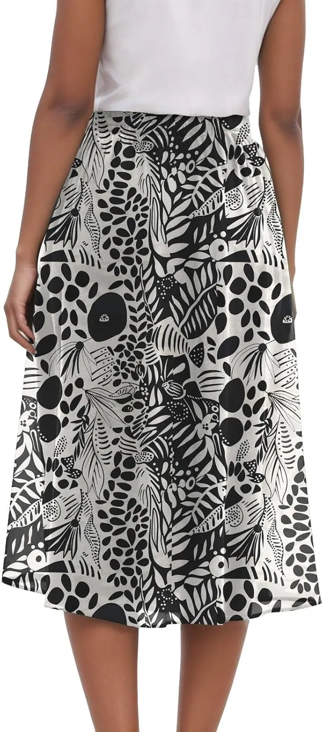 Women's High Elastic Waist Midi Skirt Casual Summer Trendy Tie Front Flowy Ruffle Floral Print A line Skirts