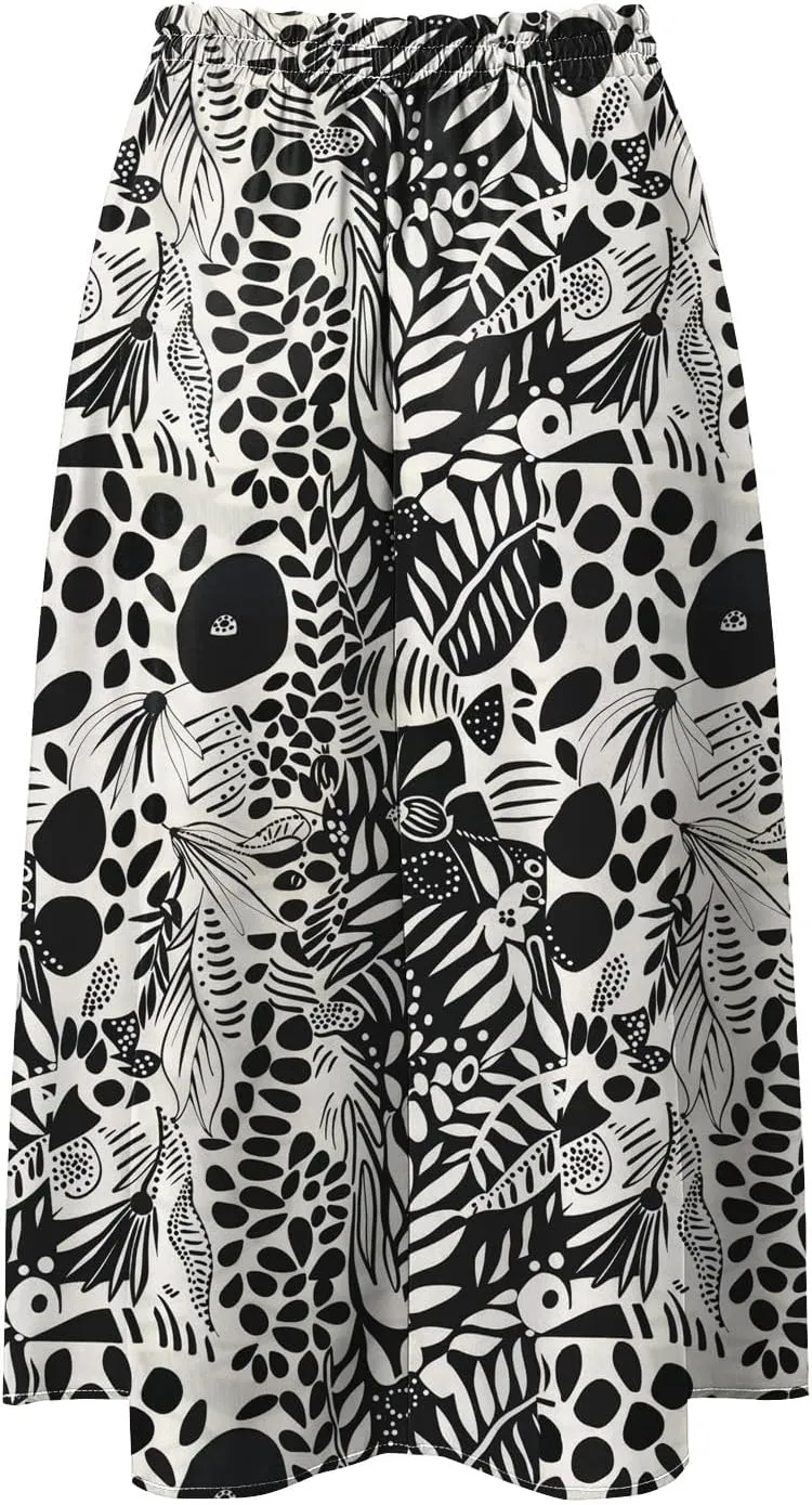 Women's High Elastic Waist Midi Skirt Casual Summer Trendy Tie Front Flowy Ruffle Floral Print A line Skirts