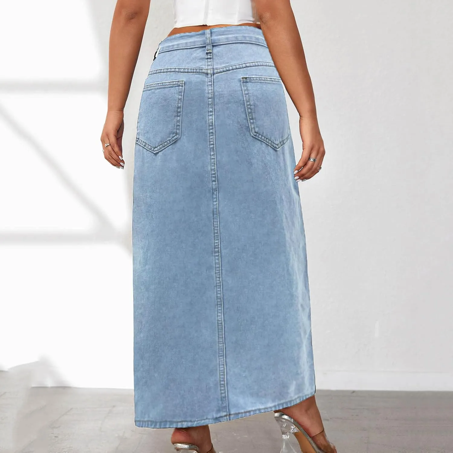 Women's High Slit Denim Skirt Sexy Slim Fit Maxi Long Pencil Jean Skirt High Waisted Distressed Bodycon Denim Skirts