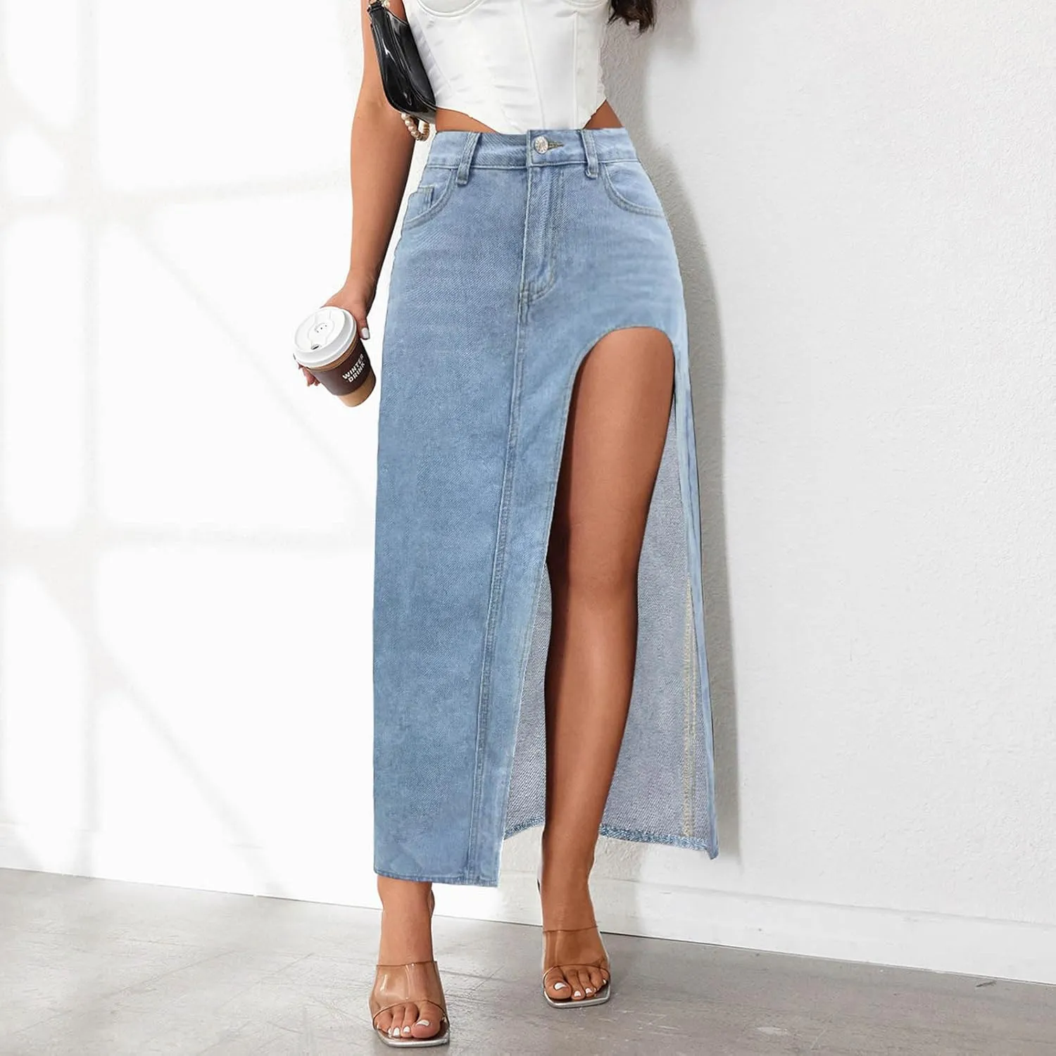 Women's High Slit Denim Skirt Sexy Slim Fit Maxi Long Pencil Jean Skirt High Waisted Distressed Bodycon Denim Skirts