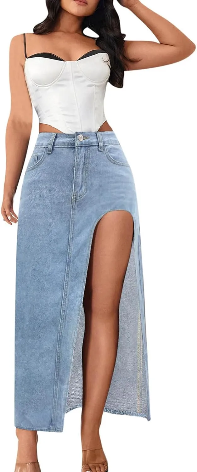 Women's High Slit Denim Skirt Sexy Slim Fit Maxi Long Pencil Jean Skirt High Waisted Distressed Bodycon Denim Skirts