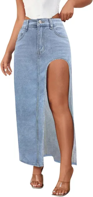 Women's High Slit Denim Skirt Sexy Slim Fit Maxi Long Pencil Jean Skirt High Waisted Distressed Bodycon Denim Skirts