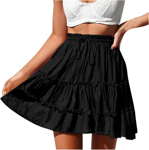 Women's High Waisted Casual Mini Skirt Drawstring Layered Frill Trim A-Line Skirts Summer Boho Flowy Beach Skirts