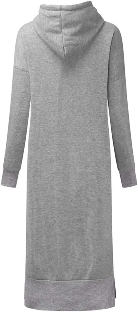 Women's Hooded Sweatshirt Dress Solid Color Casual Summer Long Sleeve Dresses Loose Pullover Long Hoodies with Pocket