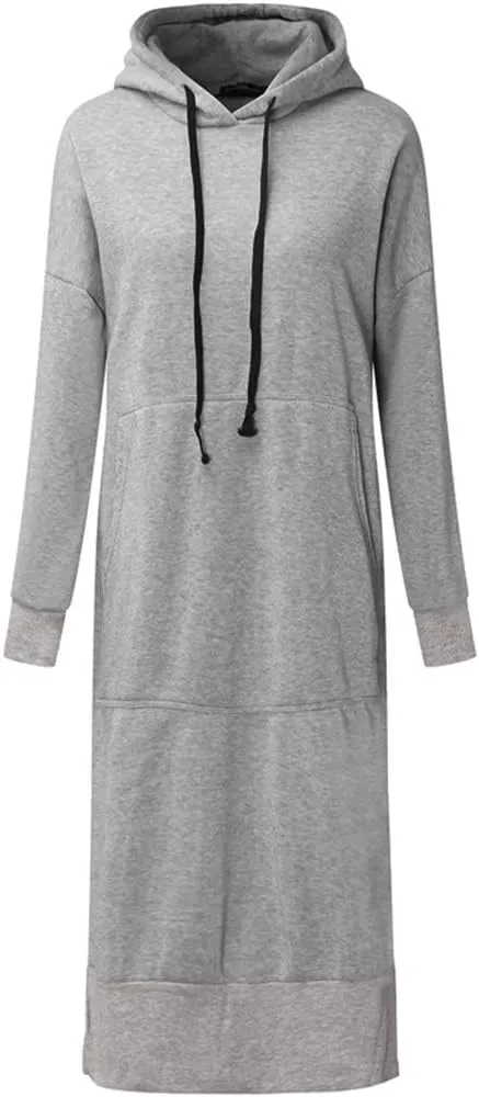 Women's Hooded Sweatshirt Dress Solid Color Casual Summer Long Sleeve Dresses Loose Pullover Long Hoodies with Pocket