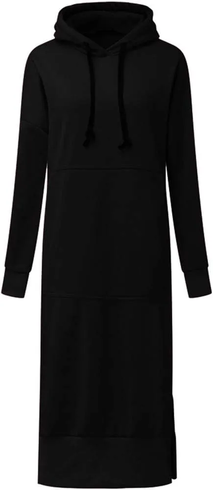 Women's Hooded Sweatshirt Dress Solid Color Casual Summer Long Sleeve Dresses Loose Pullover Long Hoodies with Pocket