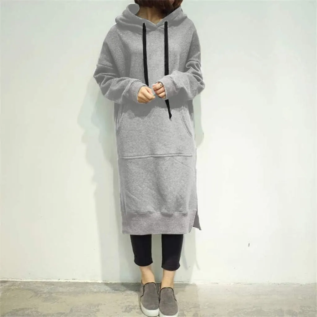 Women's Hooded Sweatshirt Dress Solid Color Casual Summer Long Sleeve Dresses Loose Pullover Long Hoodies with Pocket