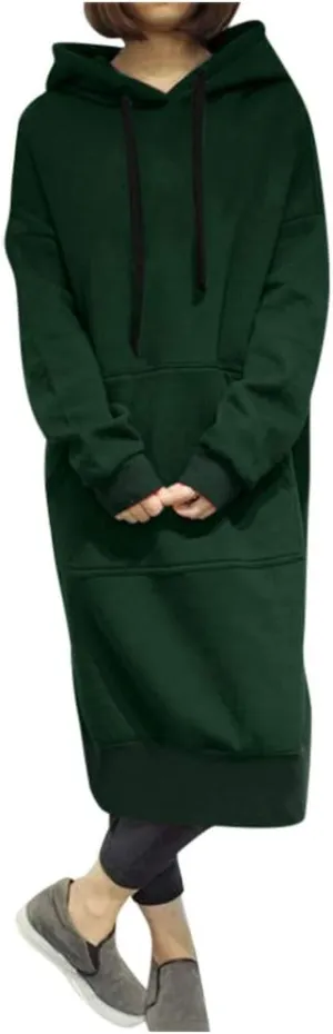Women's Hooded Sweatshirt Dress Solid Color Casual Summer Long Sleeve Dresses Loose Pullover Long Hoodies with Pocket