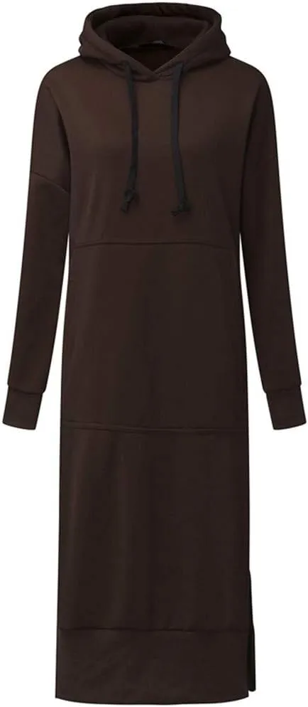 Women's Hooded Sweatshirt Dress Solid Color Casual Summer Long Sleeve Dresses Loose Pullover Long Hoodies with Pocket