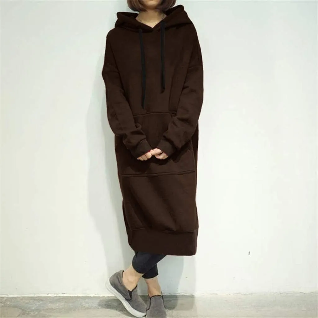 Women's Hooded Sweatshirt Dress Solid Color Casual Summer Long Sleeve Dresses Loose Pullover Long Hoodies with Pocket