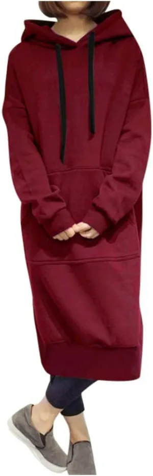 Women's Hooded Sweatshirt Dress Solid Color Casual Summer Long Sleeve Dresses Loose Pullover Long Hoodies with Pocket
