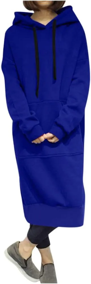 Women's Hooded Sweatshirt Dress Solid Color Casual Summer Long Sleeve Dresses Loose Pullover Long Hoodies with Pocket