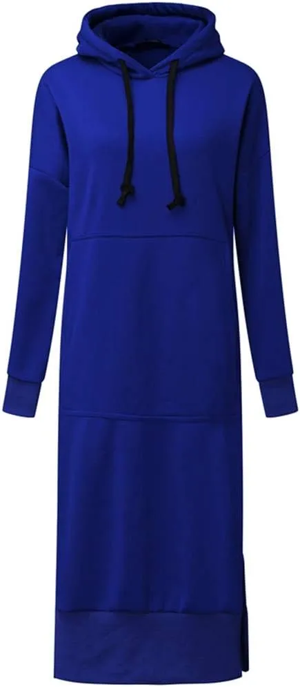 Women's Hooded Sweatshirt Dress Solid Color Casual Summer Long Sleeve Dresses Loose Pullover Long Hoodies with Pocket