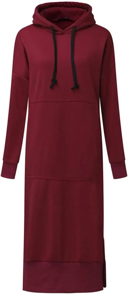 Women's Hooded Sweatshirt Dress Solid Color Casual Summer Long Sleeve Dresses Loose Pullover Long Hoodies with Pocket