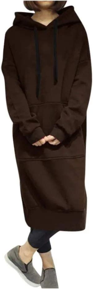 Women's Hooded Sweatshirt Dress Solid Color Casual Summer Long Sleeve Dresses Loose Pullover Long Hoodies with Pocket