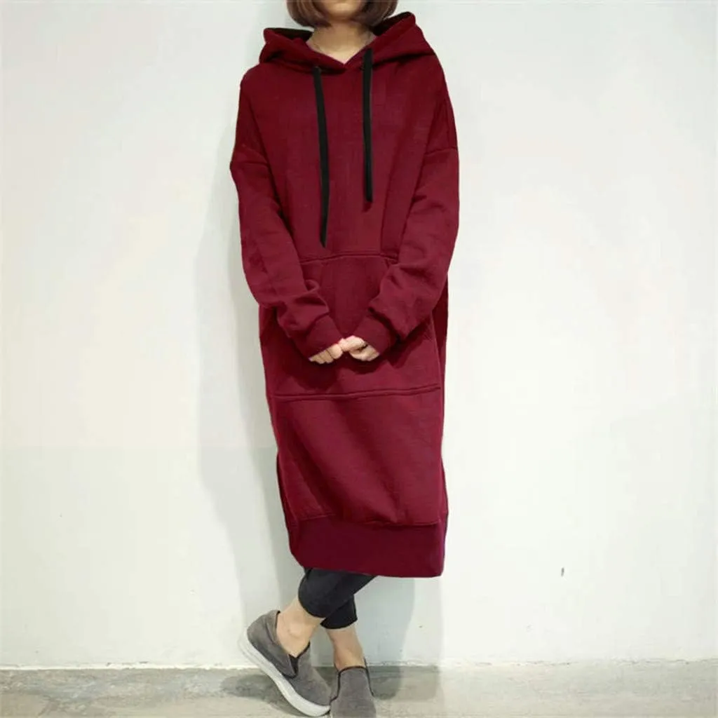 Women's Hooded Sweatshirt Dress Solid Color Casual Summer Long Sleeve Dresses Loose Pullover Long Hoodies with Pocket