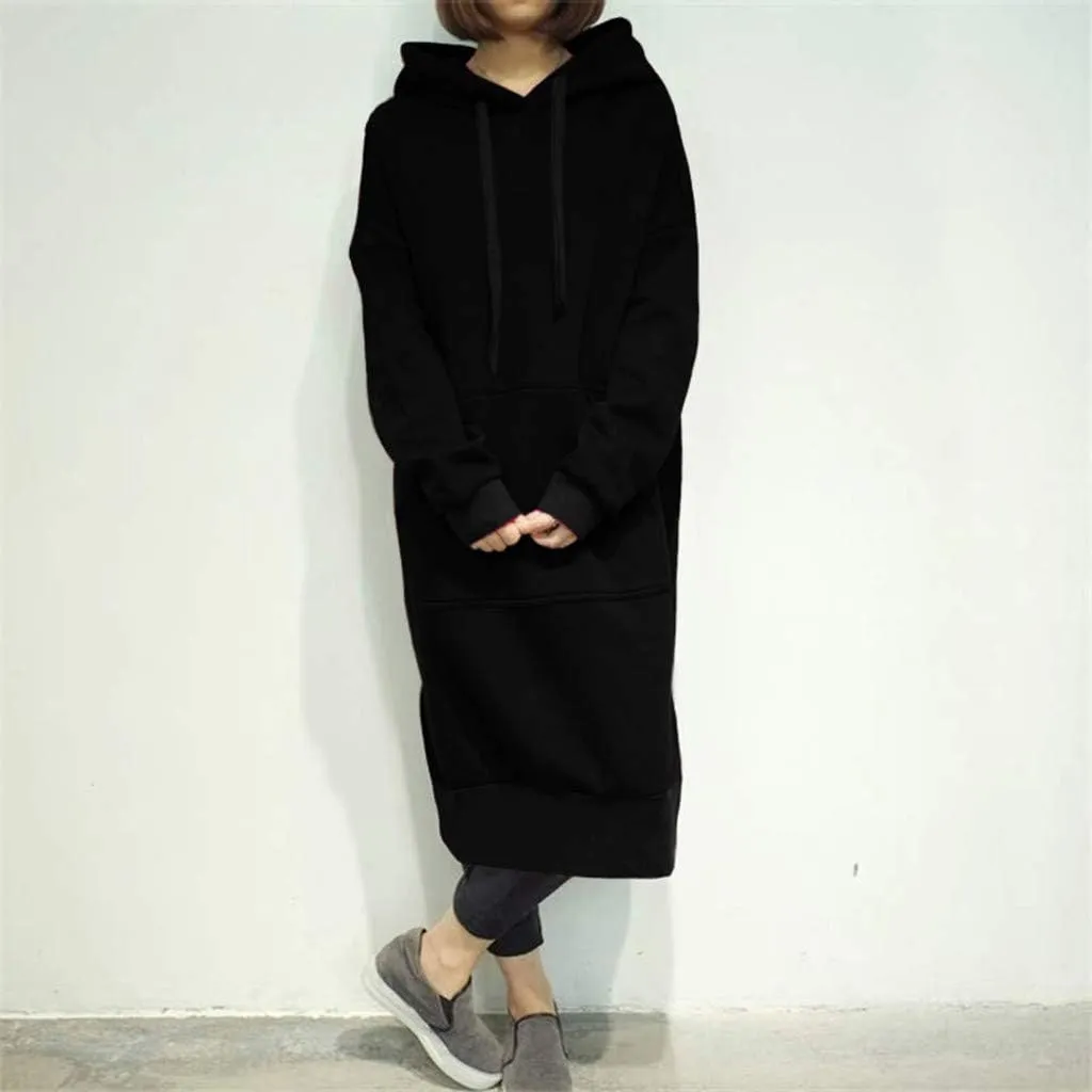 Women's Hooded Sweatshirt Dress Solid Color Casual Summer Long Sleeve Dresses Loose Pullover Long Hoodies with Pocket