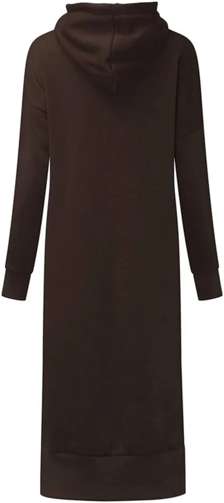Women's Hooded Sweatshirt Dress Solid Color Casual Summer Long Sleeve Dresses Loose Pullover Long Hoodies with Pocket