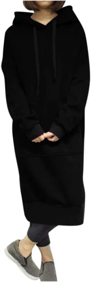 Women's Hooded Sweatshirt Dress Solid Color Casual Summer Long Sleeve Dresses Loose Pullover Long Hoodies with Pocket