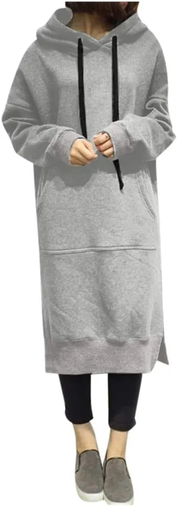Women's Hooded Sweatshirt Dress Solid Color Casual Summer Long Sleeve Dresses Loose Pullover Long Hoodies with Pocket