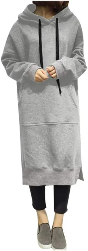 Women's Hooded Sweatshirt Dress Solid Color Casual Summer Long Sleeve Dresses Loose Pullover Long Hoodies with Pocket