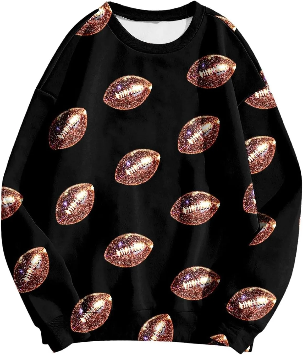 Womens Hoodless Sweatshirts Game Day Sparkle Football Sequin Rugby Print Long Sleeve Pullovers Crewneck Loose Shirt