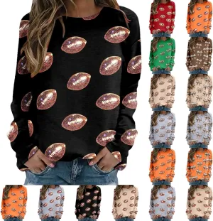 Womens Hoodless Sweatshirts Game Day Sparkle Football Sequin Rugby Print Long Sleeve Pullovers Crewneck Loose Shirt