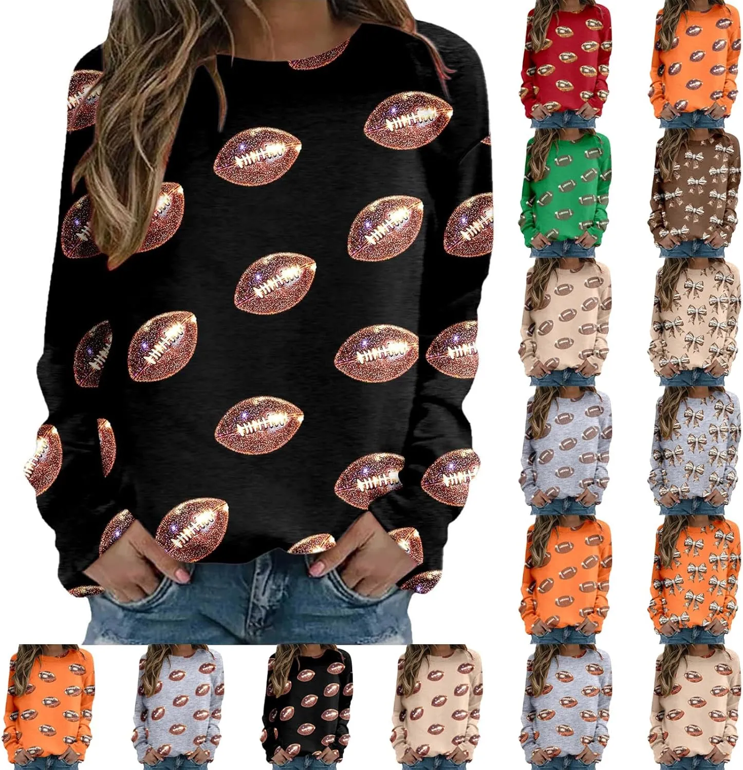 Womens Hoodless Sweatshirts Game Day Sparkle Football Sequin Rugby Print Long Sleeve Pullovers Crewneck Loose Shirt