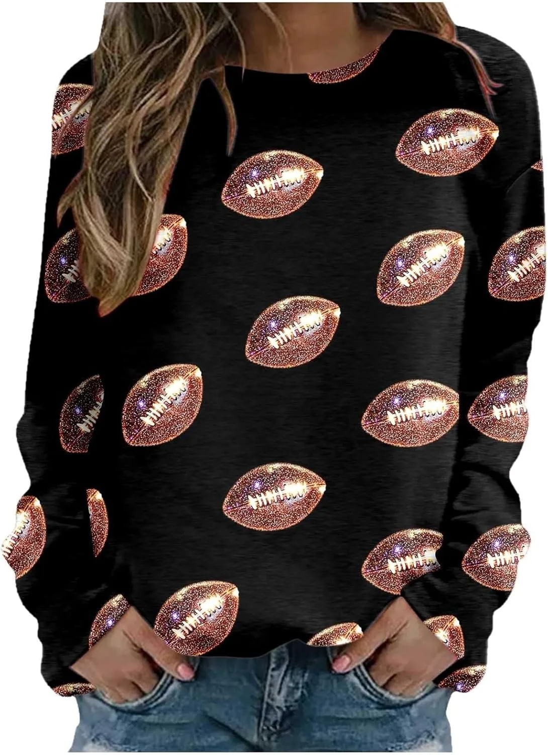 Womens Hoodless Sweatshirts Game Day Sparkle Football Sequin Rugby Print Long Sleeve Pullovers Crewneck Loose Shirt