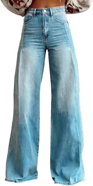 Women's Jeans High Waisted Straight Leg Stretchy Jeans Trendy Welt Pockets Loose Wide Leg Zimbaplatinum Denim Pants