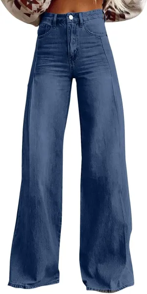 Women's Jeans High Waisted Straight Leg Stretchy Jeans Trendy Welt Pockets Loose Wide Leg Zimbaplatinum Denim Pants