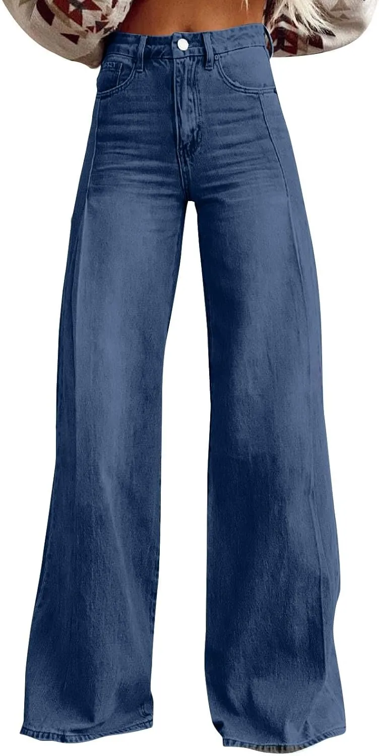 Women's Jeans High Waisted Straight Leg Stretchy Jeans Trendy Welt Pockets Loose Wide Leg Zimbaplatinum Denim Pants