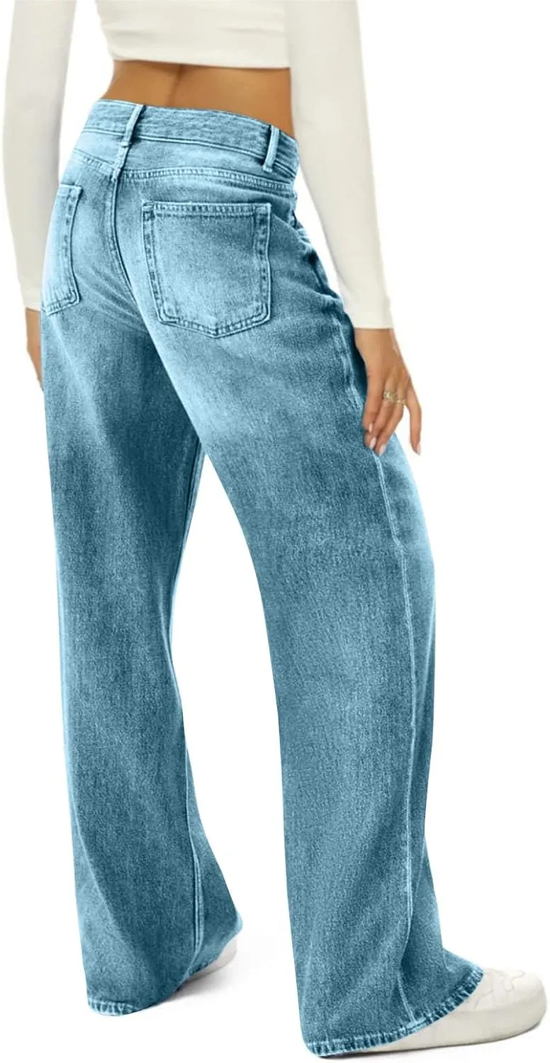 Women's Jeans High Waisted Straight Leg Stretchy Jeans Trendy Welt Pockets Loose Wide Leg Zimbaplatinum Denim Pants