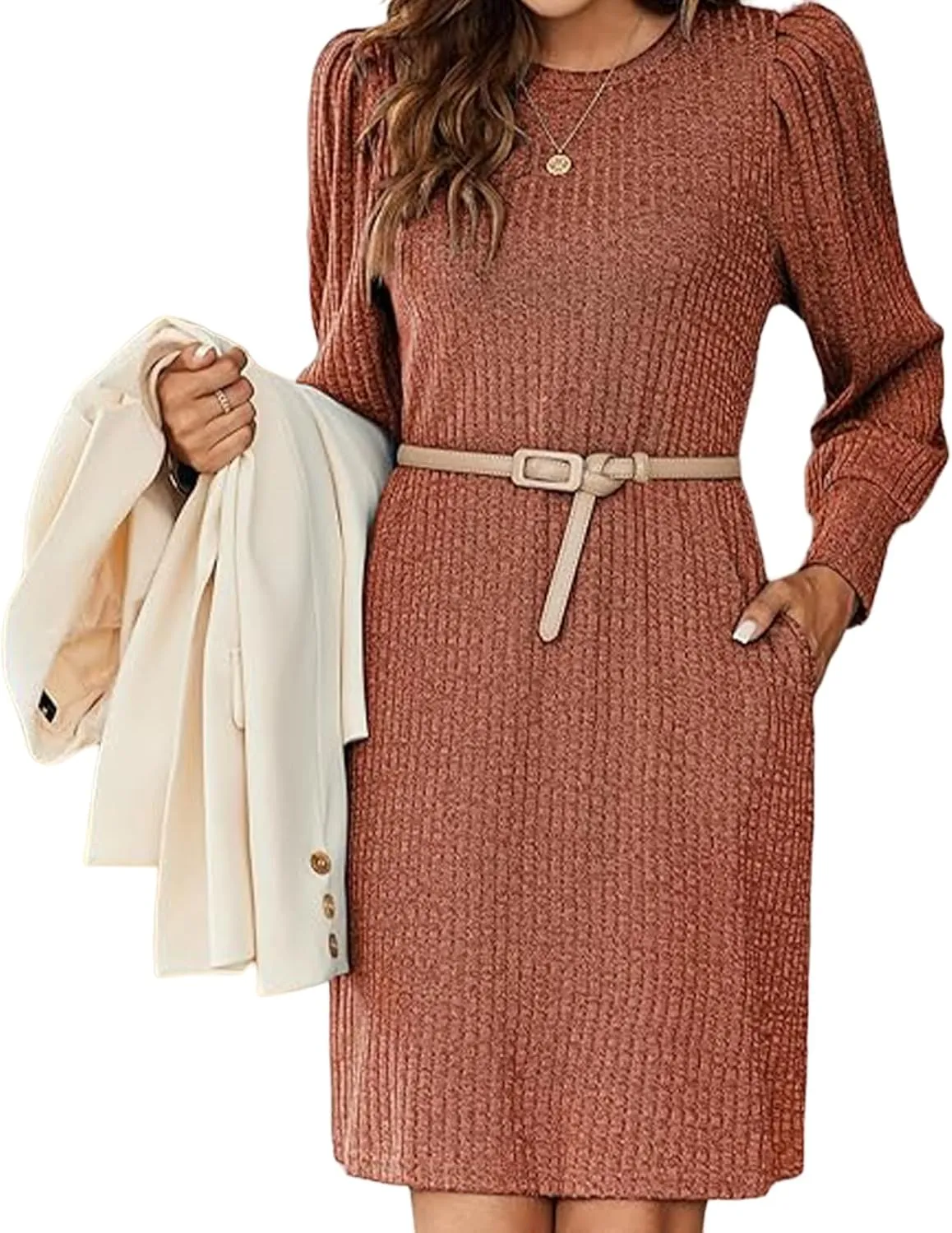 Womens Knit Dress Crewneck Puff Long Sleeve Dress Casual Soild Color Dresses Pullover Sweater Dress