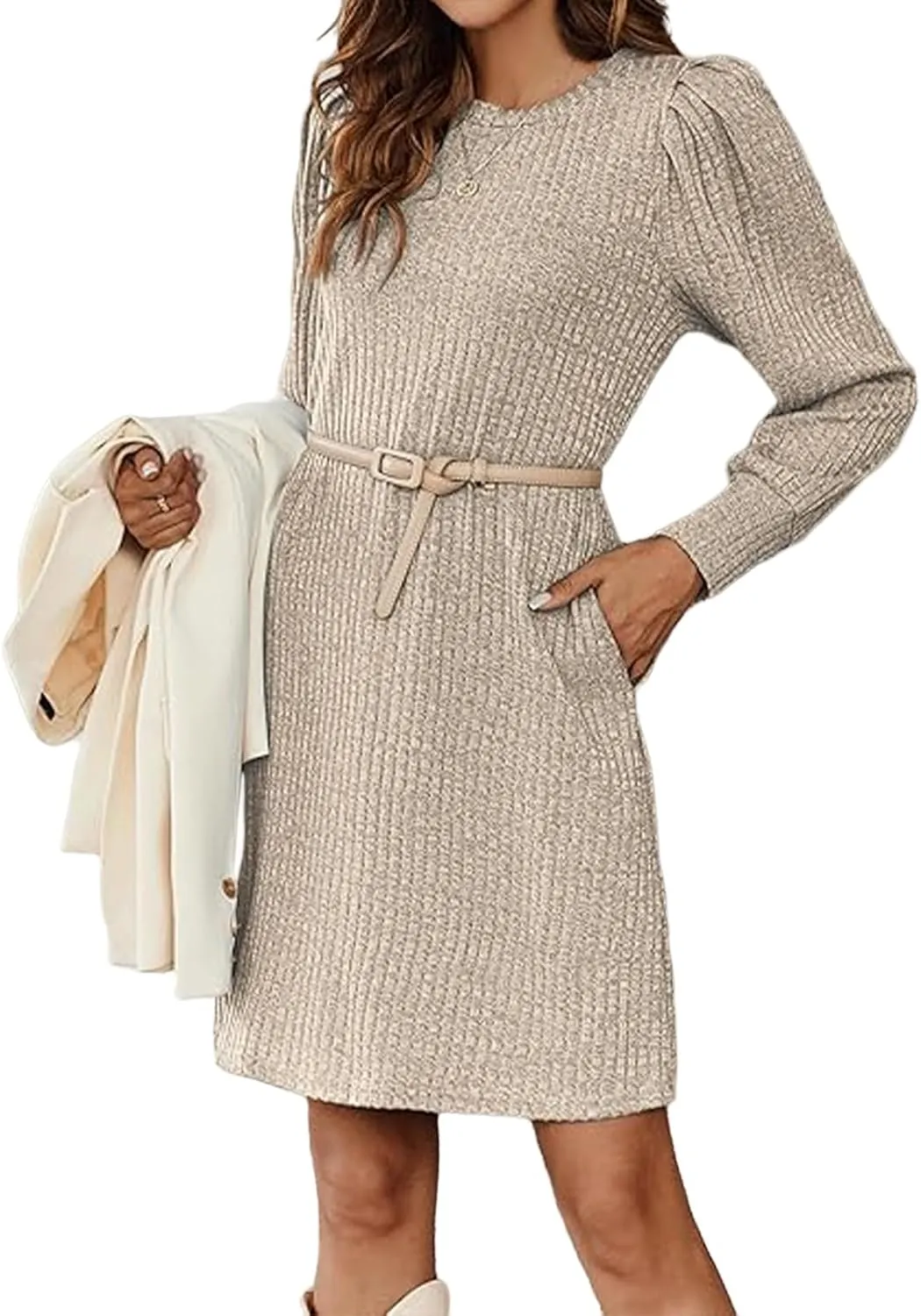 Womens Knit Dress Crewneck Puff Long Sleeve Dress Casual Soild Color Dresses Pullover Sweater Dress