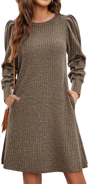 Womens Knit Dress Crewneck Puff Long Sleeve Dress Casual Soild Color Dresses Pullover Sweater Dress