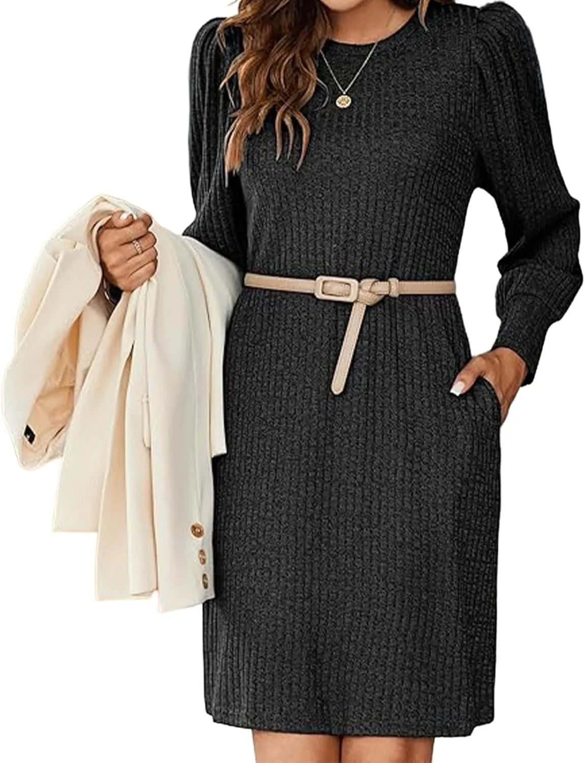 Womens Knit Dress Crewneck Puff Long Sleeve Dress Casual Soild Color Dresses Pullover Sweater Dress