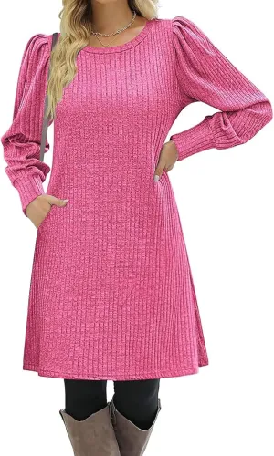 Womens Knit Dress Crewneck Puff Long Sleeve Dress Casual Soild Color Dresses Pullover Sweater Dress