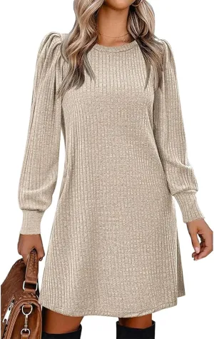 Womens Knit Dress Crewneck Puff Long Sleeve Dress Casual Soild Color Dresses Pullover Sweater Dress