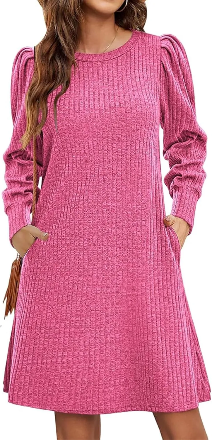 Womens Knit Dress Crewneck Puff Long Sleeve Dress Casual Soild Color Dresses Pullover Sweater Dress