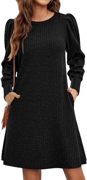 Womens Knit Dress Crewneck Puff Long Sleeve Dress Casual Soild Color Dresses Pullover Sweater Dress