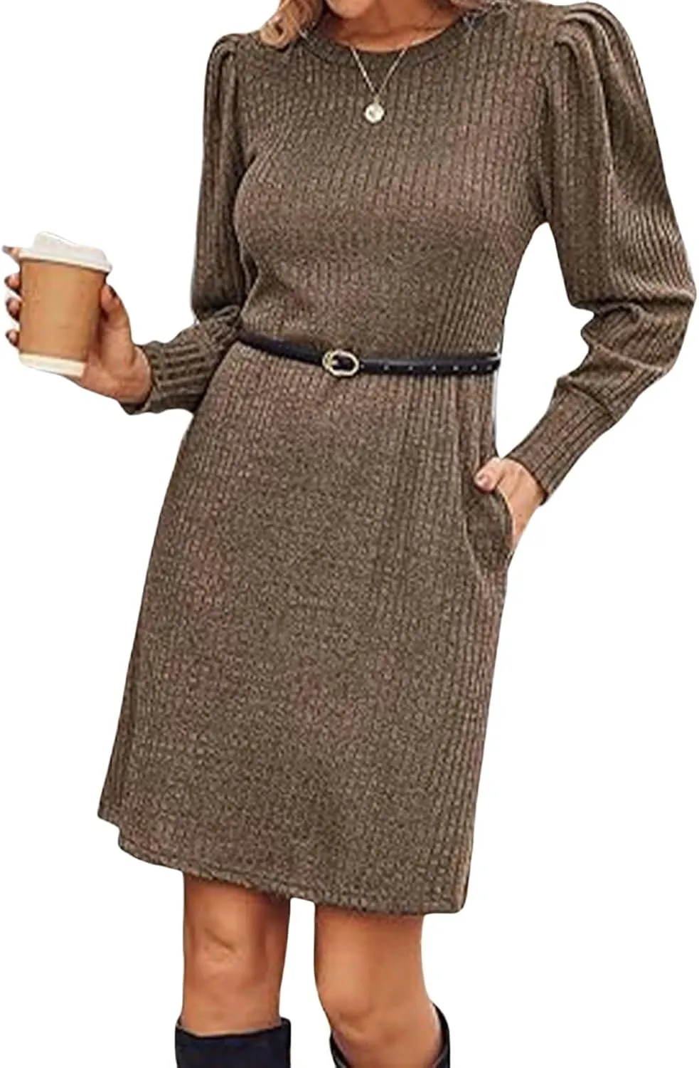 Womens Knit Dress Crewneck Puff Long Sleeve Dress Casual Soild Color Dresses Pullover Sweater Dress