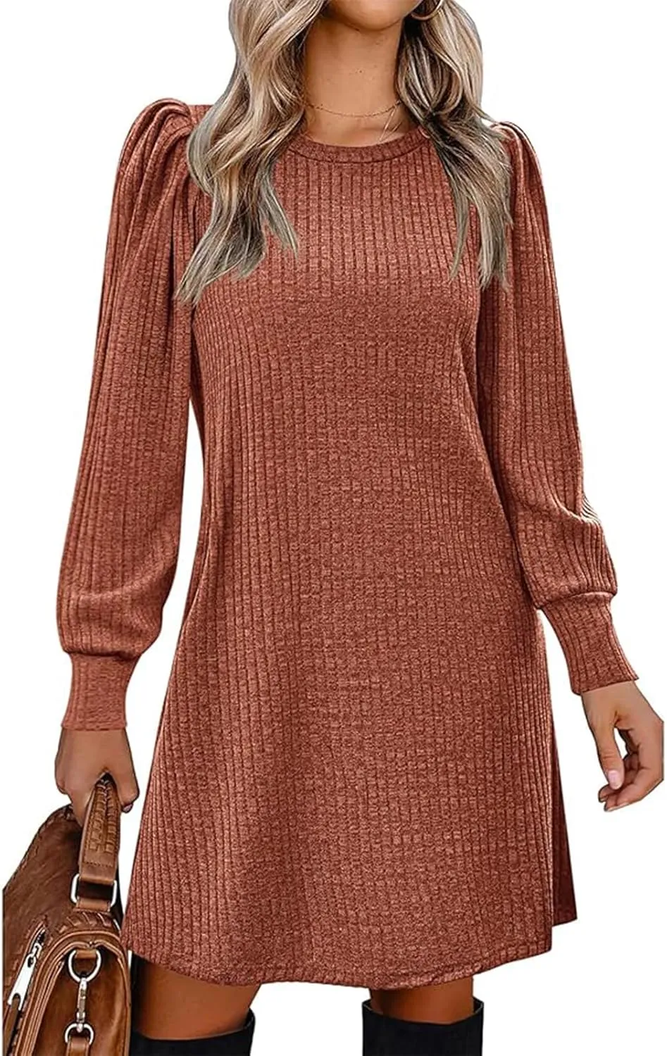 Womens Knit Dress Crewneck Puff Long Sleeve Dress Casual Soild Color Dresses Pullover Sweater Dress