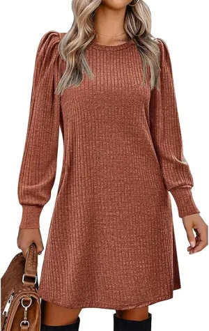 Womens Knit Dress Crewneck Puff Long Sleeve Dress Casual Soild Color Dresses Pullover Sweater Dress