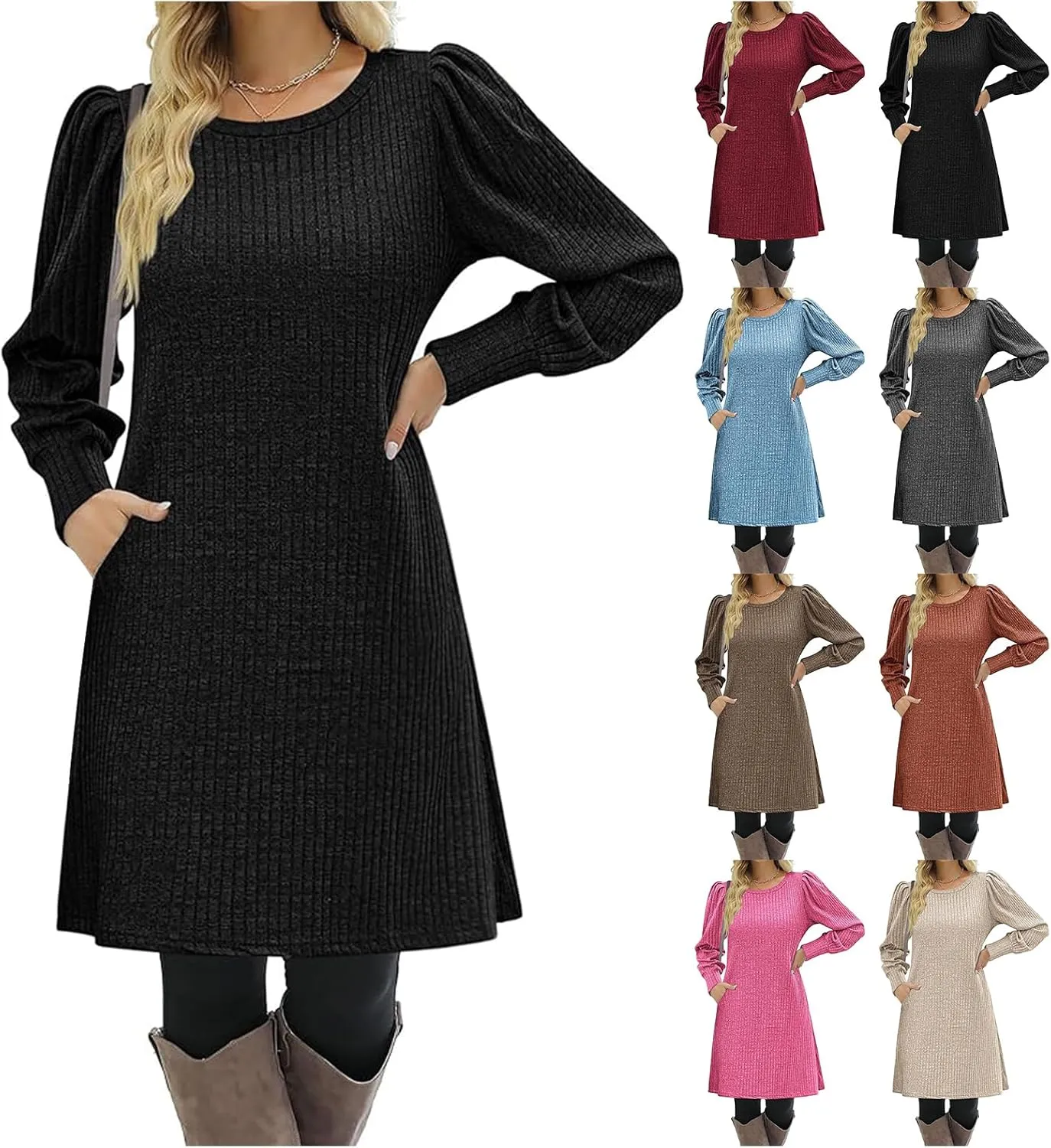 Womens Knit Dress Crewneck Puff Long Sleeve Dress Casual Soild Color Dresses Pullover Sweater Dress