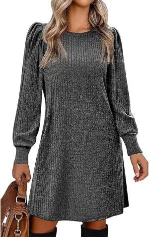 Womens Knit Dress Crewneck Puff Long Sleeve Dress Casual Soild Color Dresses Pullover Sweater Dress